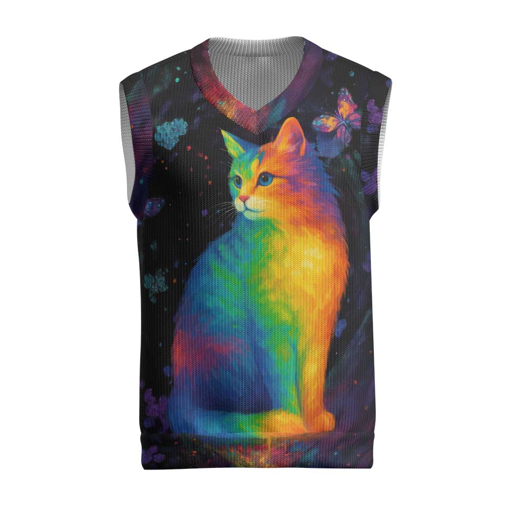 Cat Colorful Christmas Knitted V-Neck Vest Xmas Holiday Patterns - Wonder Print Shop