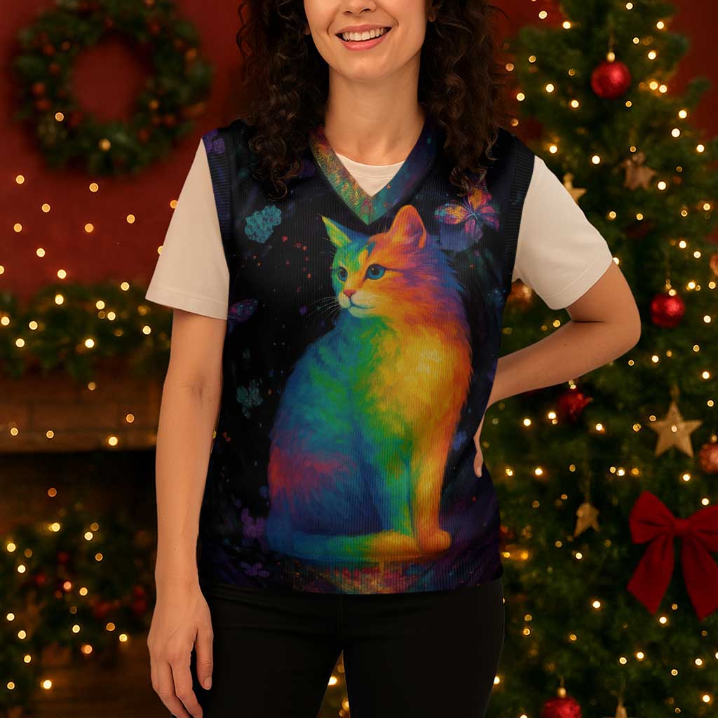 Cat Colorful Christmas Knitted V-Neck Vest Xmas Holiday Patterns - Wonder Print Shop
