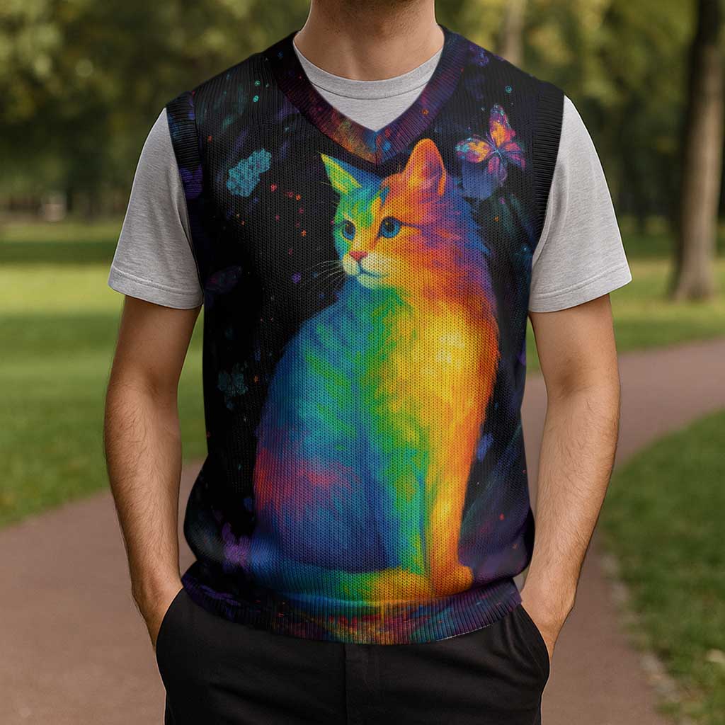 Cat Colorful Christmas Knitted V-Neck Vest Xmas Holiday Patterns - Wonder Print Shop
