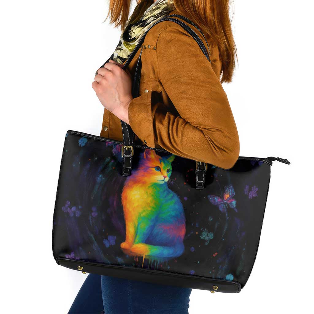 Cat Colorful Christmas Leather Tote Bag Xmas Holiday Patterns - Wonder Print Shop