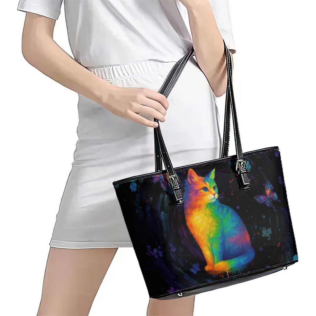 Cat Colorful Christmas Leather Tote Bag Xmas Holiday Patterns - Wonder Print Shop