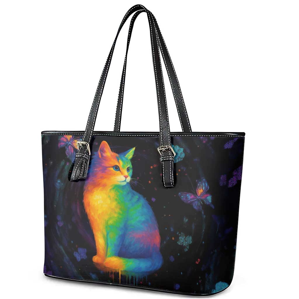 Cat Colorful Christmas Leather Tote Bag Xmas Holiday Patterns - Wonder Print Shop