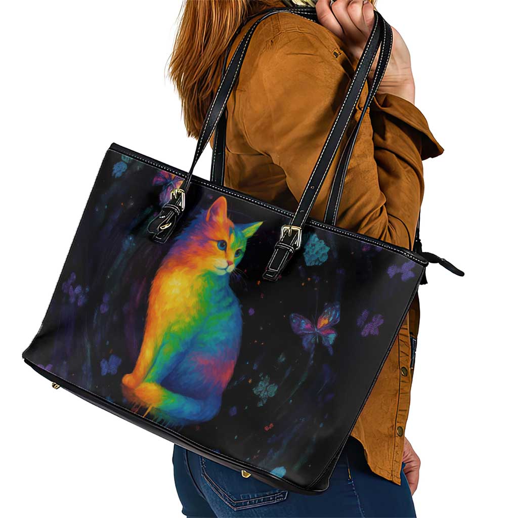 Cat Colorful Christmas Leather Tote Bag Xmas Holiday Patterns - Wonder Print Shop
