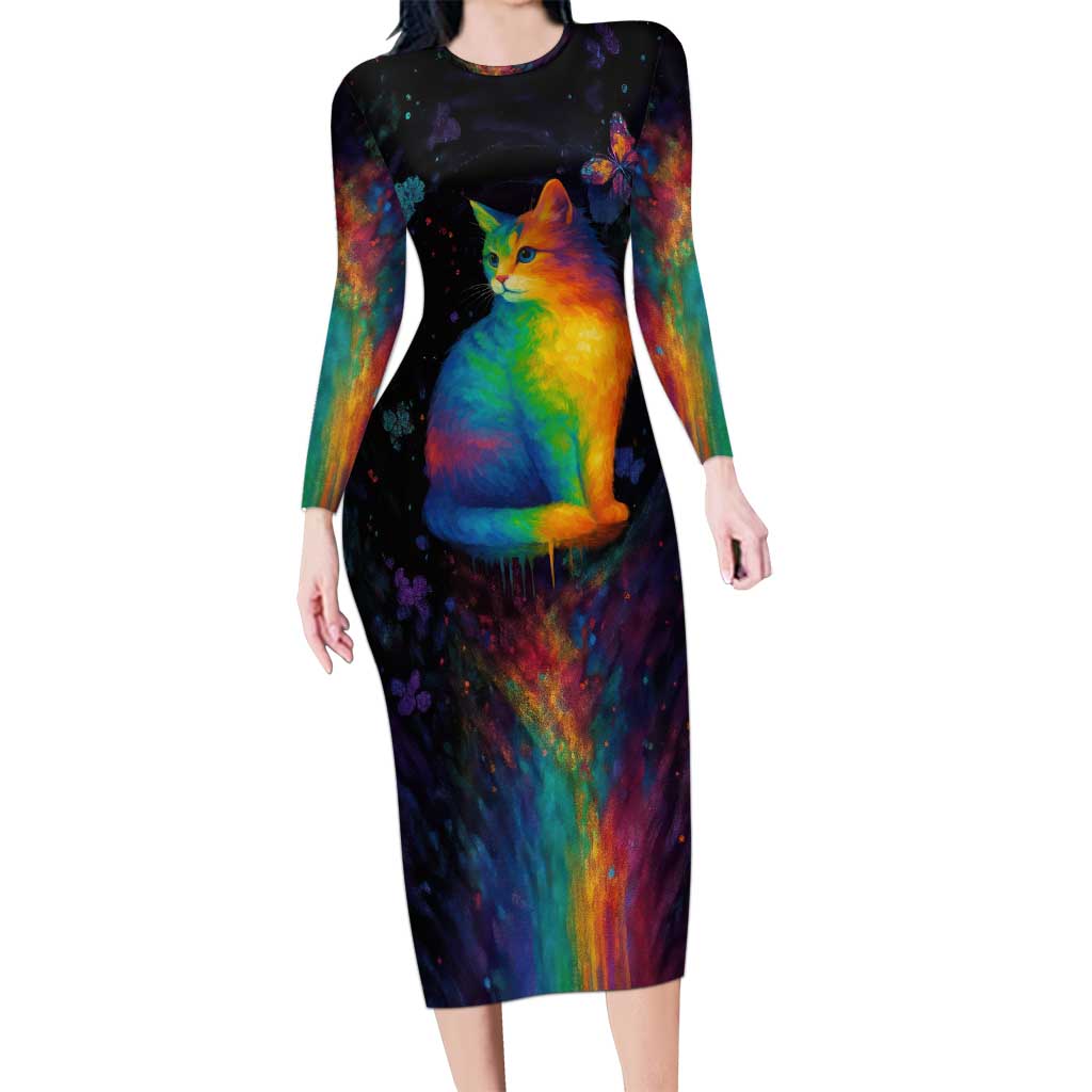 Cat Colorful Christmas Long Sleeve Bodycon Dress Xmas Holiday Patterns - Wonder Print Shop