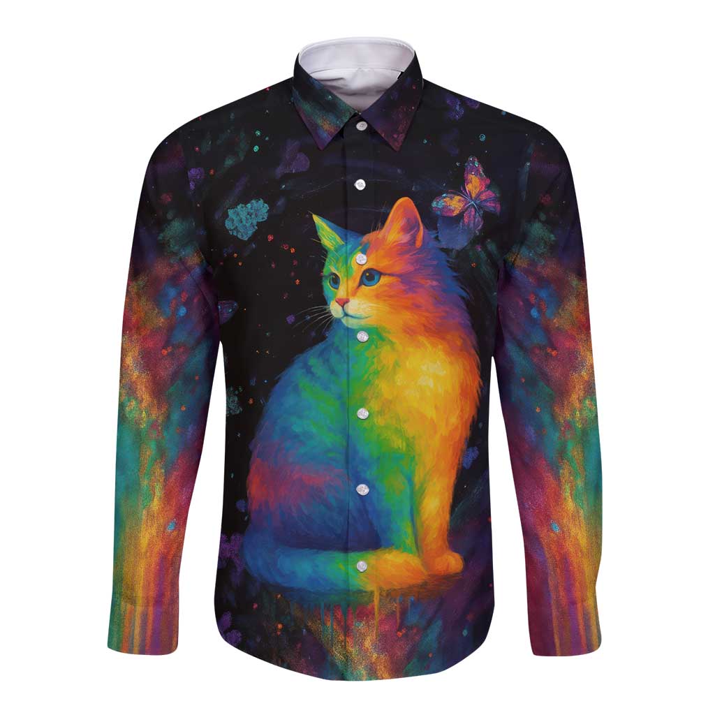 Cat Colorful Christmas Long Sleeve Button Shirt Xmas Holiday Patterns - Wonder Print Shop