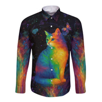 Cat Colorful Christmas Long Sleeve Button Shirt Xmas Holiday Patterns - Wonder Print Shop