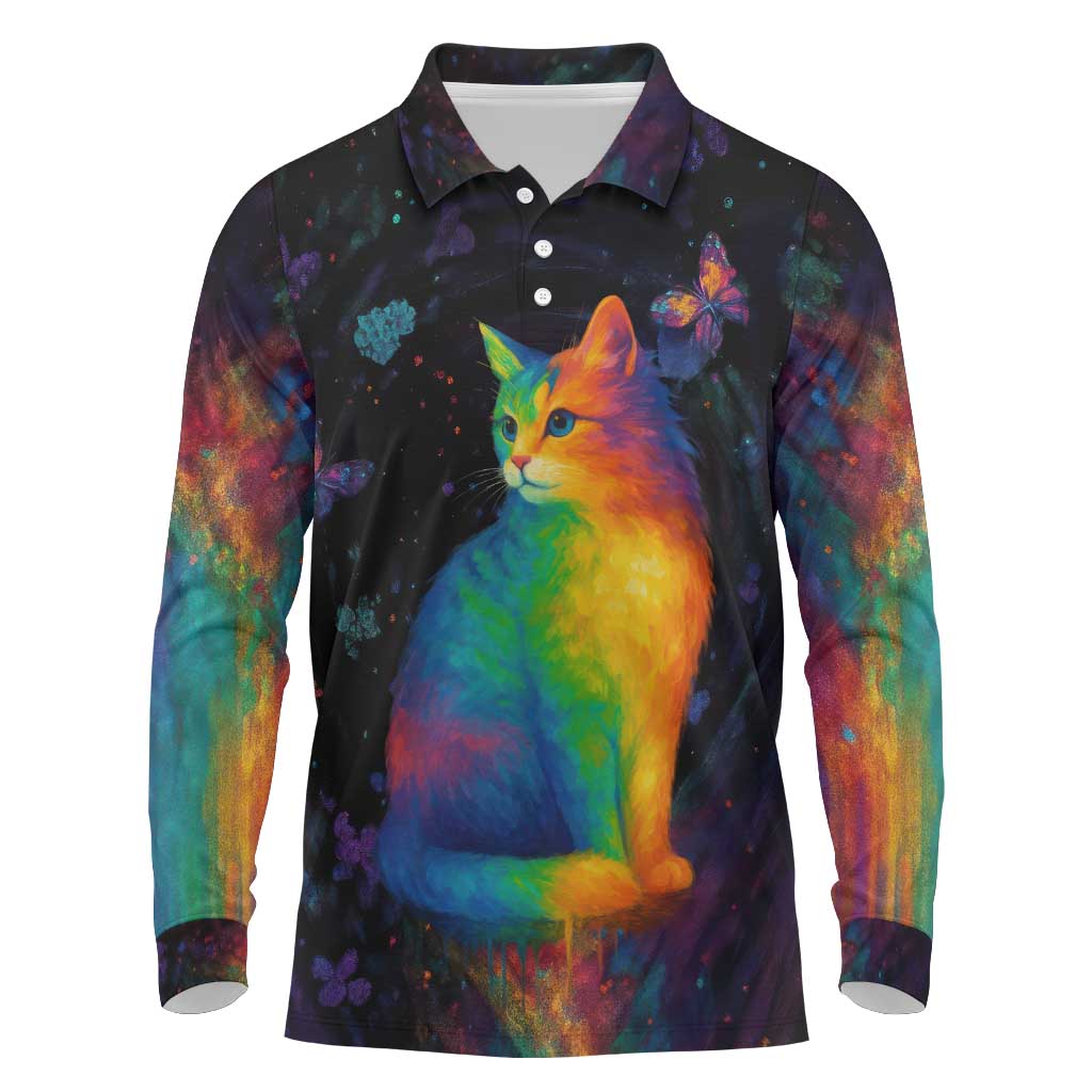 Cat Colorful Christmas Long Sleeve Polo Shirt Xmas Holiday Patterns - Wonder Print Shop