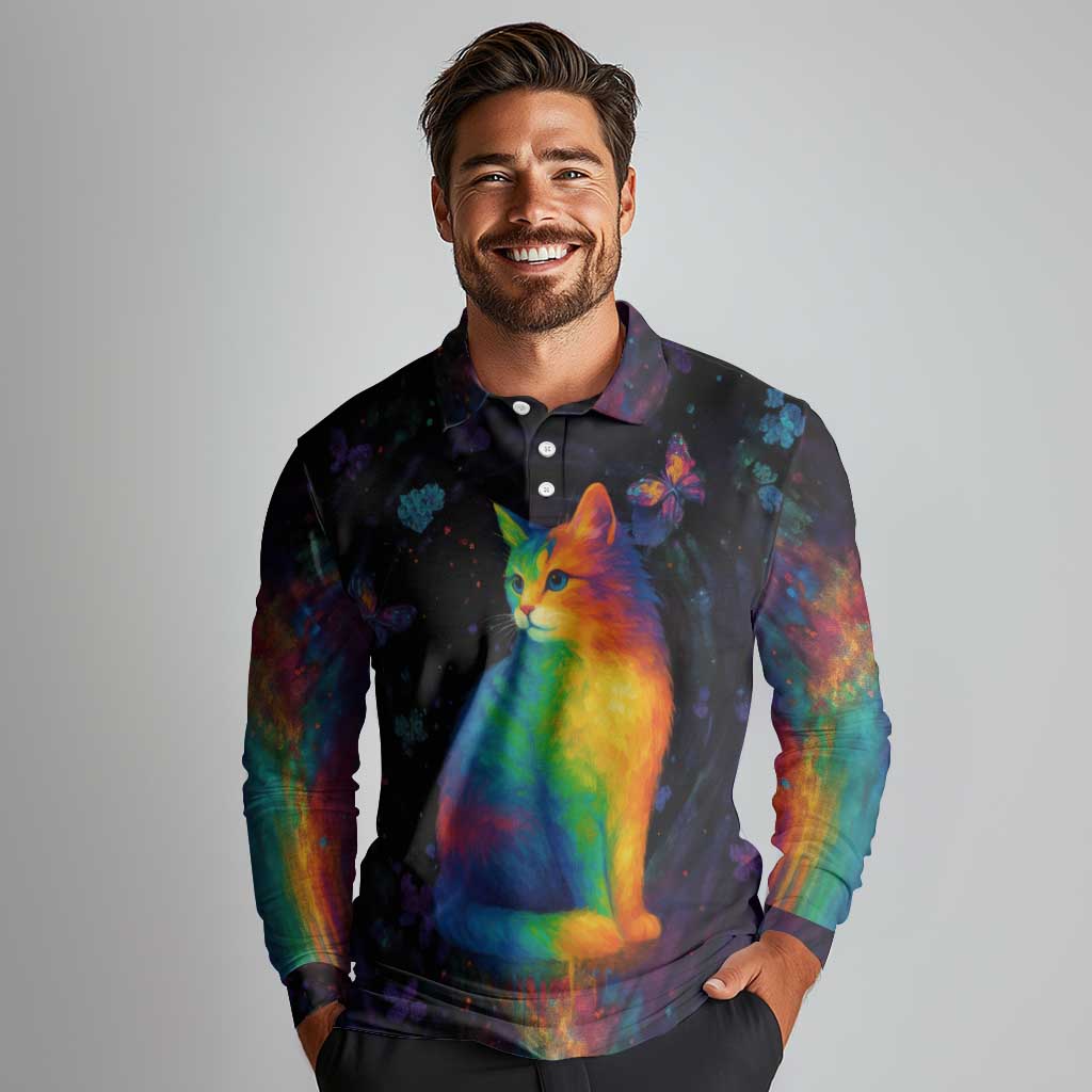 Cat Colorful Christmas Long Sleeve Polo Shirt Xmas Holiday Patterns - Wonder Print Shop