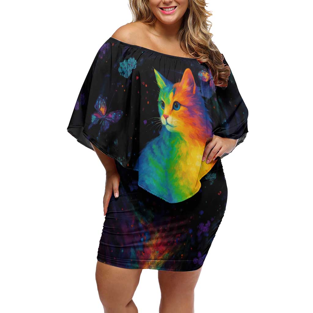 Cat Colorful Christmas Off Shoulder Short Dress Xmas Holiday Patterns - Wonder Print Shop