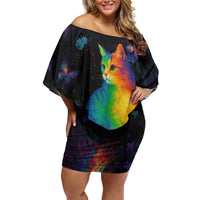 Cat Colorful Christmas Off Shoulder Short Dress Xmas Holiday Patterns - Wonder Print Shop