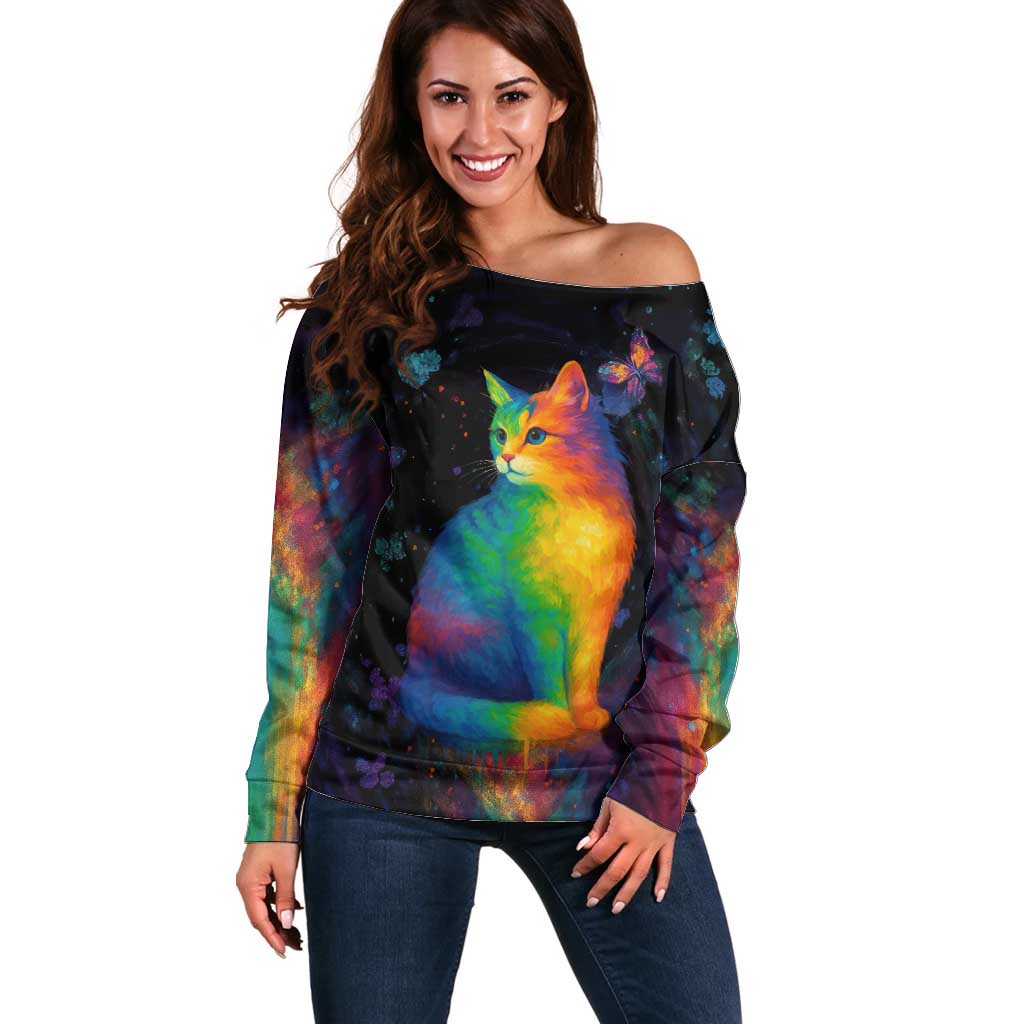 Cat Colorful Christmas Off Shoulder Sweater Xmas Holiday Patterns - Wonder Print Shop