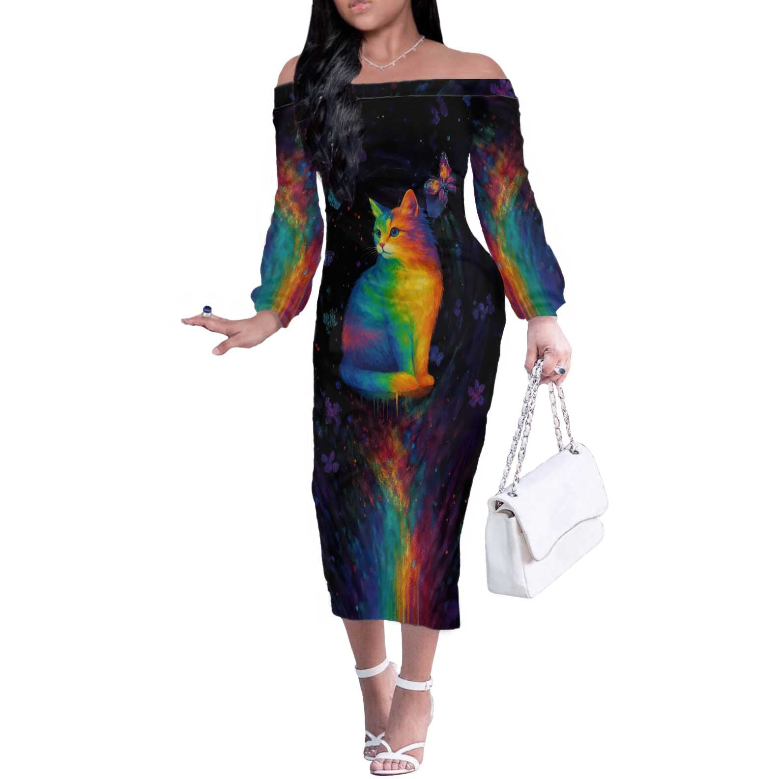 Cat Colorful Christmas Off The Shoulder Long Sleeve Dress Xmas Holiday Patterns - Wonder Print Shop