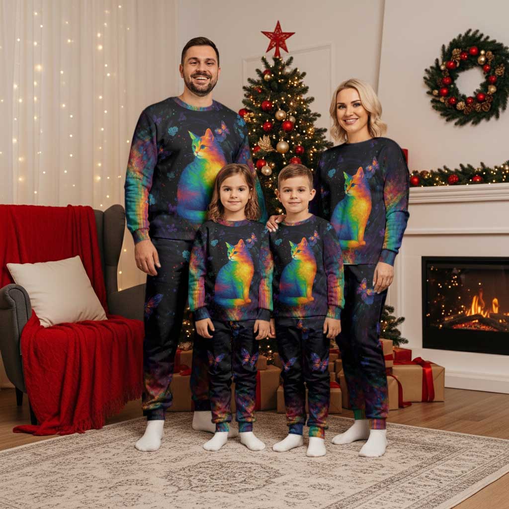 Cat Colorful Christmas Pajama Set Xmas Holiday Patterns - Wonder Print Shop