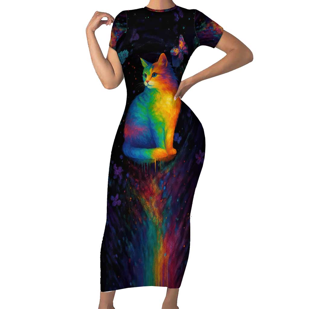 Cat Colorful Christmas Short Sleeve Bodycon Dress Xmas Holiday Patterns - Wonder Print Shop