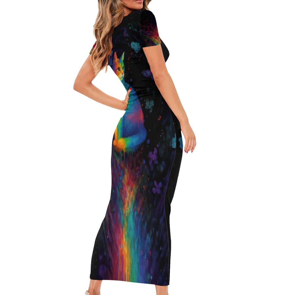 Cat Colorful Christmas Short Sleeve Bodycon Dress Xmas Holiday Patterns - Wonder Print Shop