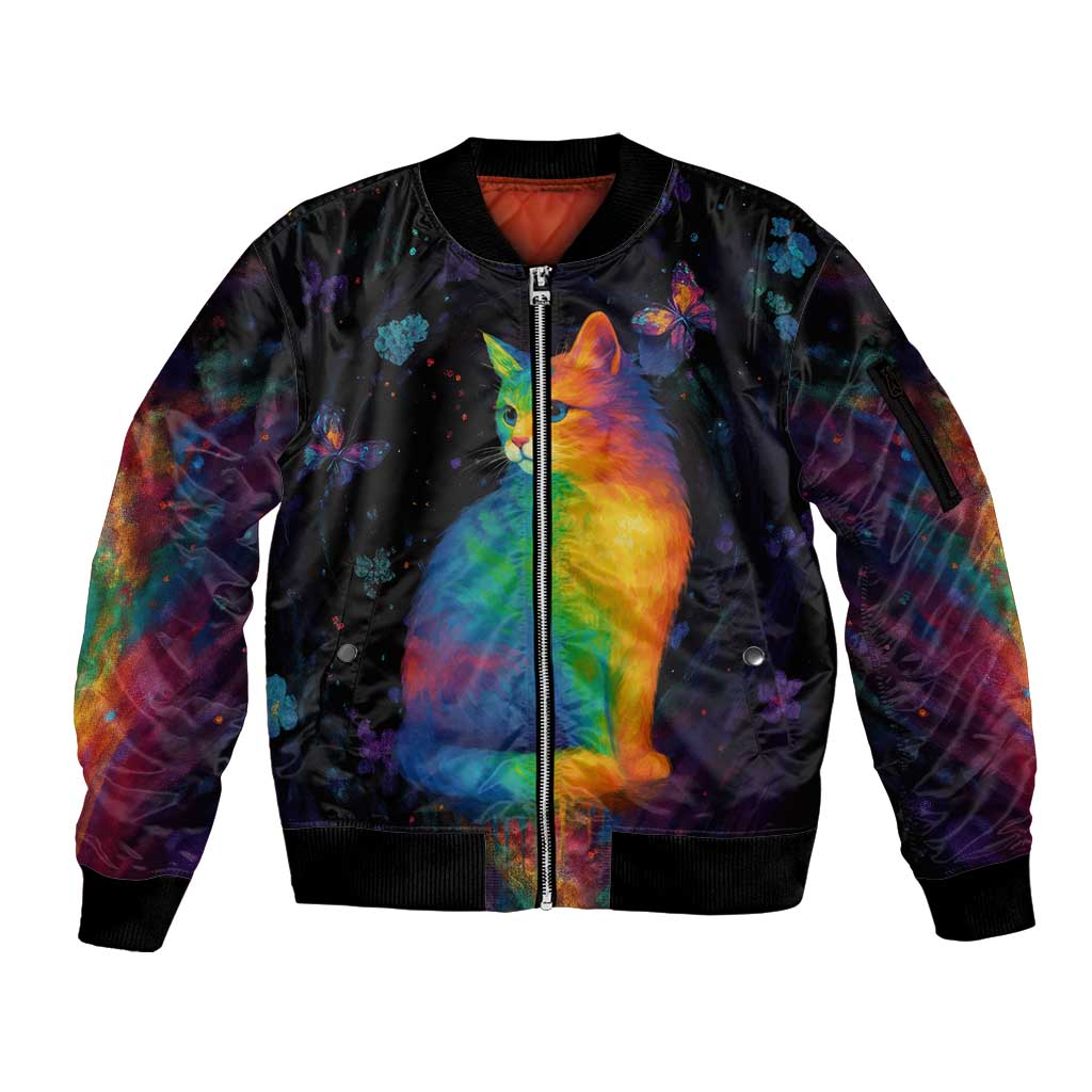 Cat Colorful Christmas Sleeve Zip Bomber Jacket Xmas Holiday Patterns - Wonder Print Shop