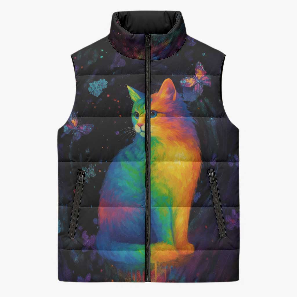 Cat Colorful Christmas Sleeveless Puffer Jacket Xmas Holiday Patterns - Wonder Print Shop