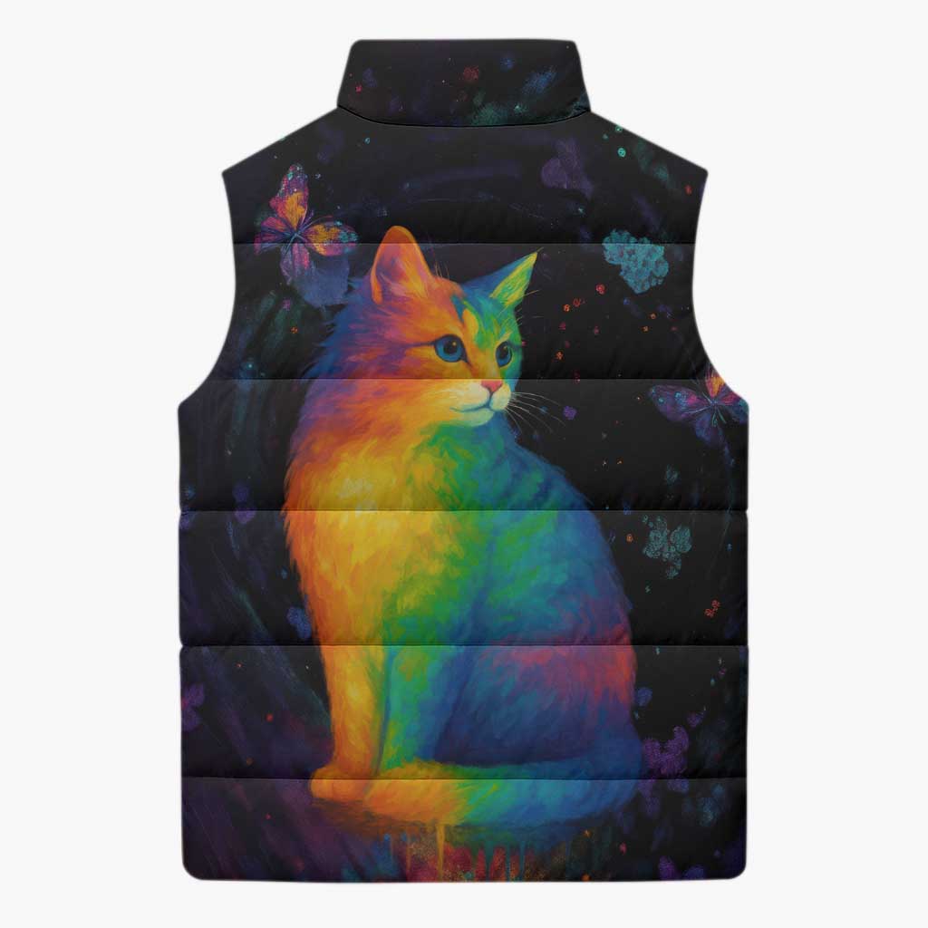 Cat Colorful Christmas Sleeveless Puffer Jacket Xmas Holiday Patterns - Wonder Print Shop