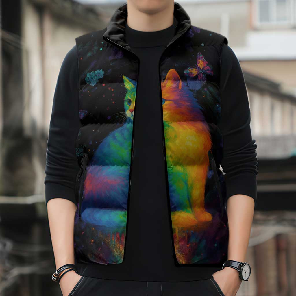 Cat Colorful Christmas Sleeveless Puffer Jacket Xmas Holiday Patterns - Wonder Print Shop
