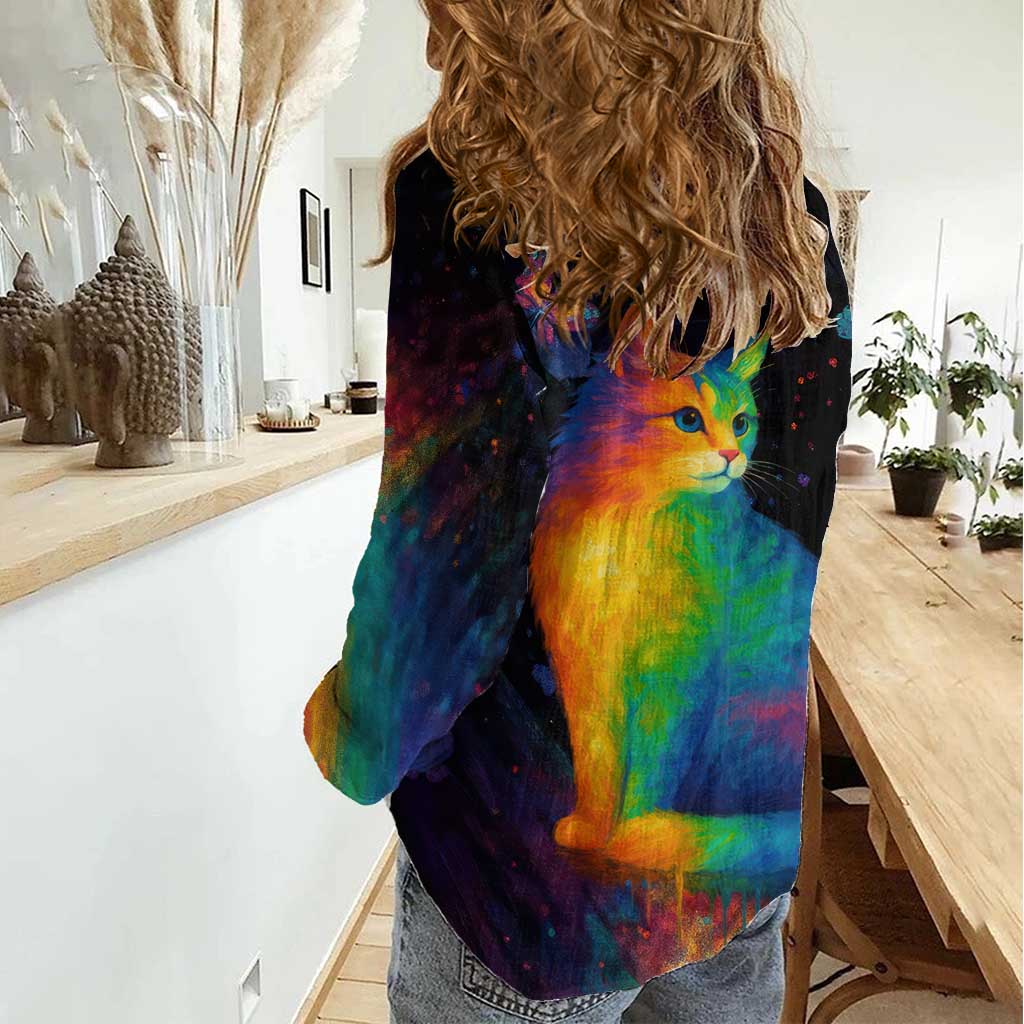 Cat Colorful Christmas Women Casual Shirt Xmas Holiday Patterns - Wonder Print Shop