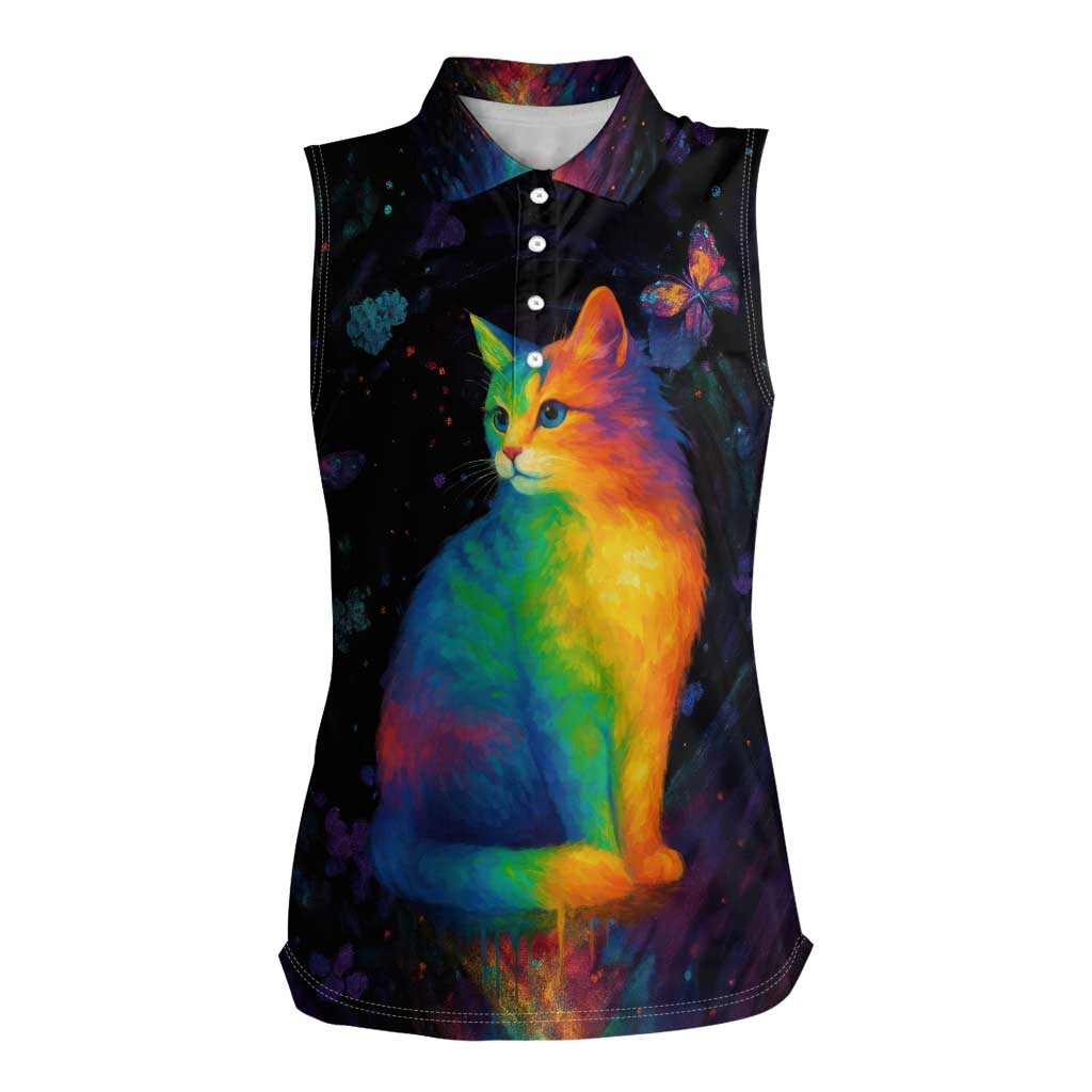 Cat Colorful Christmas Women Sleeveless Polo Shirt Xmas Holiday Patterns - Wonder Print Shop
