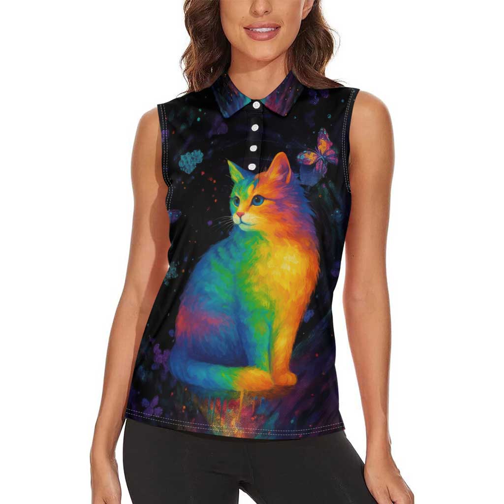 Cat Colorful Christmas Women Sleeveless Polo Shirt Xmas Holiday Patterns - Wonder Print Shop