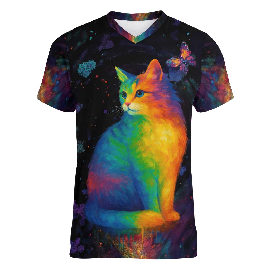 Cat Colorful Christmas Women V-Neck T-Shirt Xmas Holiday Patterns - Wonder Print Shop