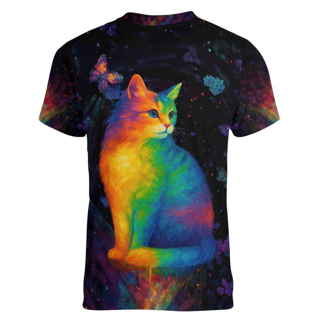 Cat Colorful Christmas Women V-Neck T-Shirt Xmas Holiday Patterns - Wonder Print Shop