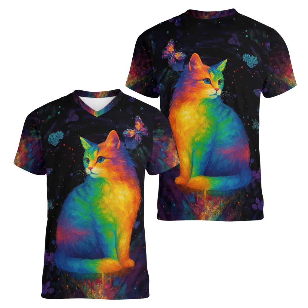 Cat Colorful Christmas Women V-Neck T-Shirt Xmas Holiday Patterns - Wonder Print Shop