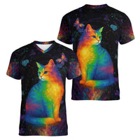 Cat Colorful Christmas Women V-Neck T-Shirt Xmas Holiday Patterns - Wonder Print Shop