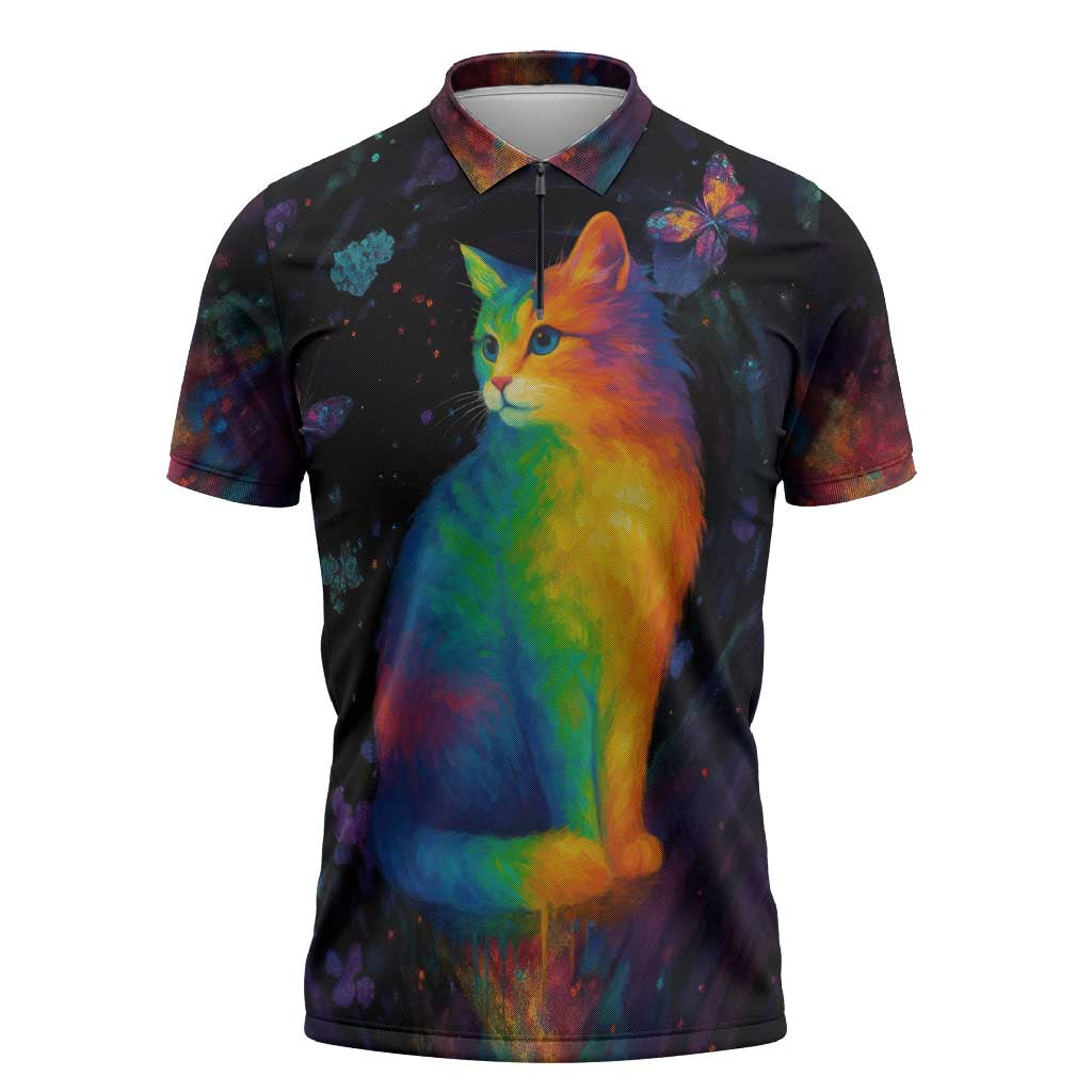 Cat Colorful Christmas Zipper Polo Shirt Xmas Holiday Patterns - Wonder Print Shop