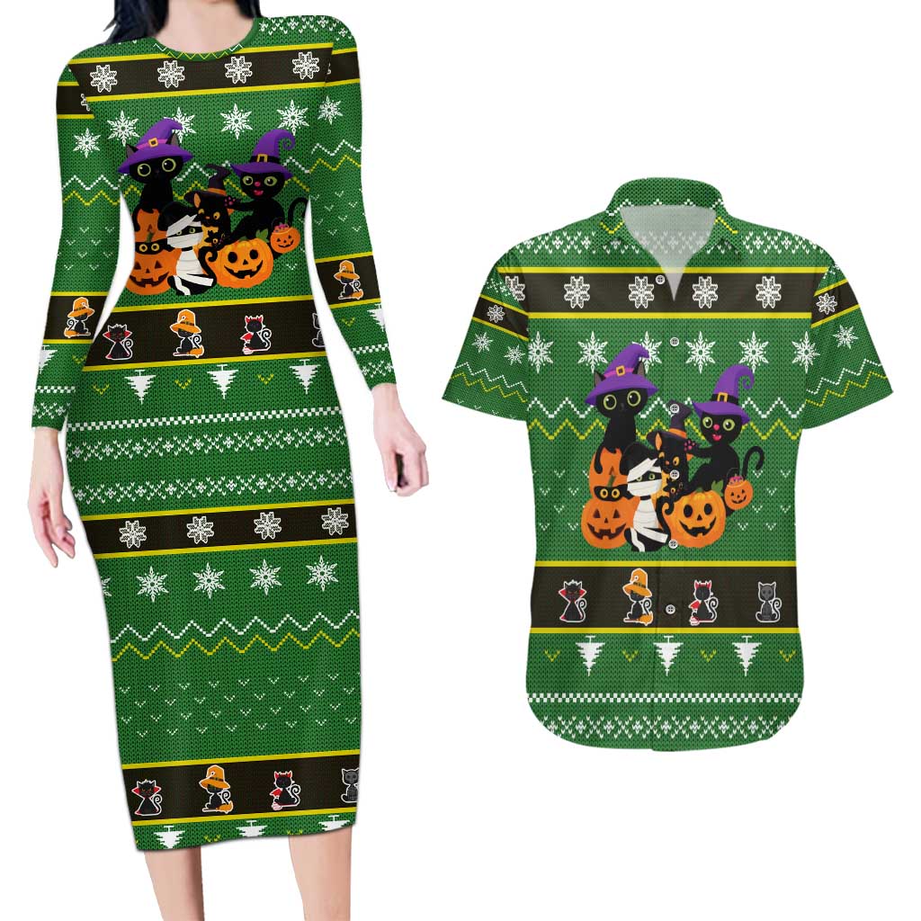 Cat Cute Witcher Noel Christmas Couples Matching Long Sleeve Bodycon Dress and Hawaiian Shirt Xmas Holiday Patterns - Wonder Print Shop
