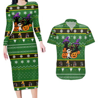 Cat Cute Witcher Noel Christmas Couples Matching Long Sleeve Bodycon Dress and Hawaiian Shirt Xmas Holiday Patterns - Wonder Print Shop