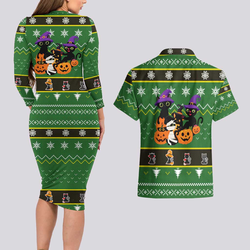 Cat Cute Witcher Noel Christmas Couples Matching Long Sleeve Bodycon Dress and Hawaiian Shirt Xmas Holiday Patterns - Wonder Print Shop