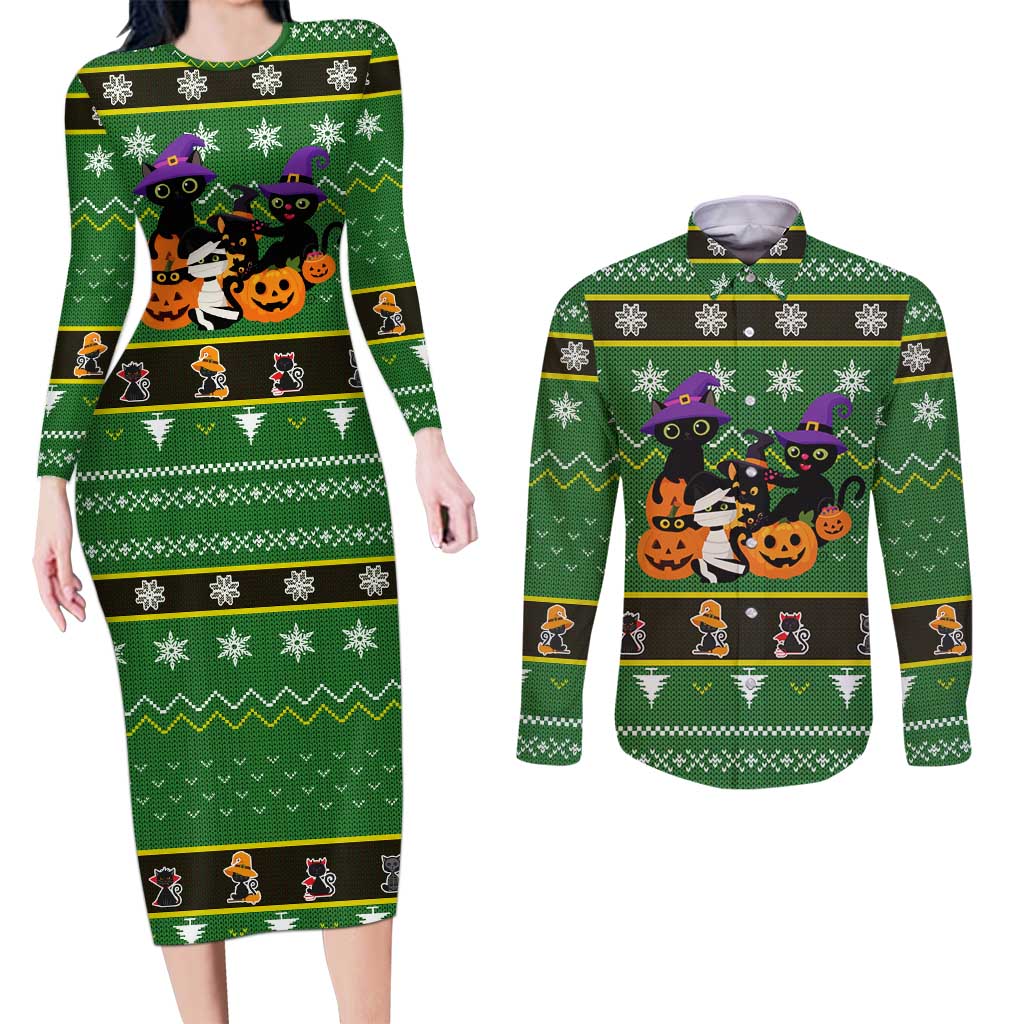 Cat Cute Witcher Noel Christmas Couples Matching Long Sleeve Bodycon Dress and Long Sleeve Button Shirt Xmas Holiday Patterns - Wonder Print Shop