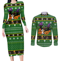 Cat Cute Witcher Noel Christmas Couples Matching Long Sleeve Bodycon Dress and Long Sleeve Button Shirt Xmas Holiday Patterns - Wonder Print Shop