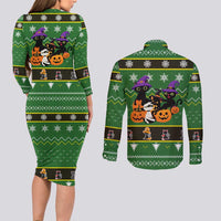 Cat Cute Witcher Noel Christmas Couples Matching Long Sleeve Bodycon Dress and Long Sleeve Button Shirt Xmas Holiday Patterns - Wonder Print Shop