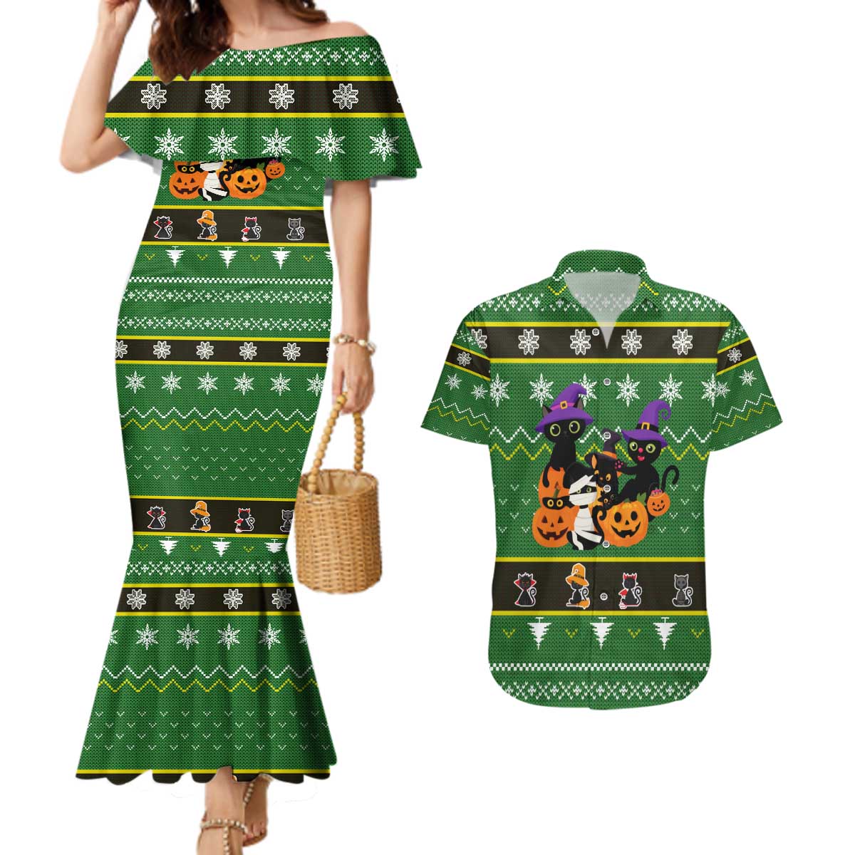Cat Cute Witcher Noel Christmas Couples Matching Mermaid Dress and Hawaiian Shirt Xmas Holiday Patterns - Wonder Print Shop