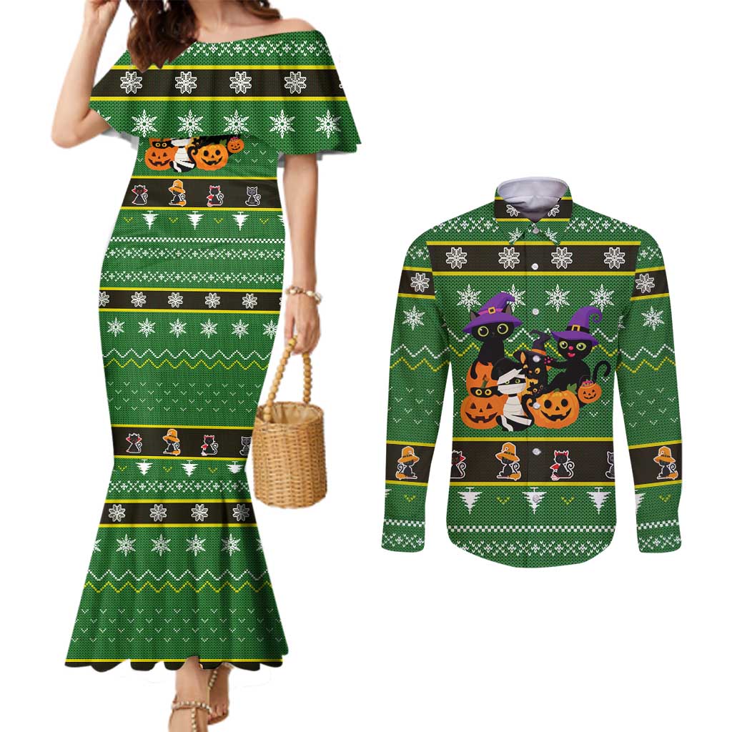Cat Cute Witcher Noel Christmas Couples Matching Mermaid Dress and Long Sleeve Button Shirt Xmas Holiday Patterns - Wonder Print Shop