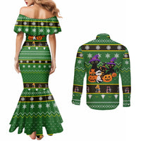 Cat Cute Witcher Noel Christmas Couples Matching Mermaid Dress and Long Sleeve Button Shirt Xmas Holiday Patterns - Wonder Print Shop