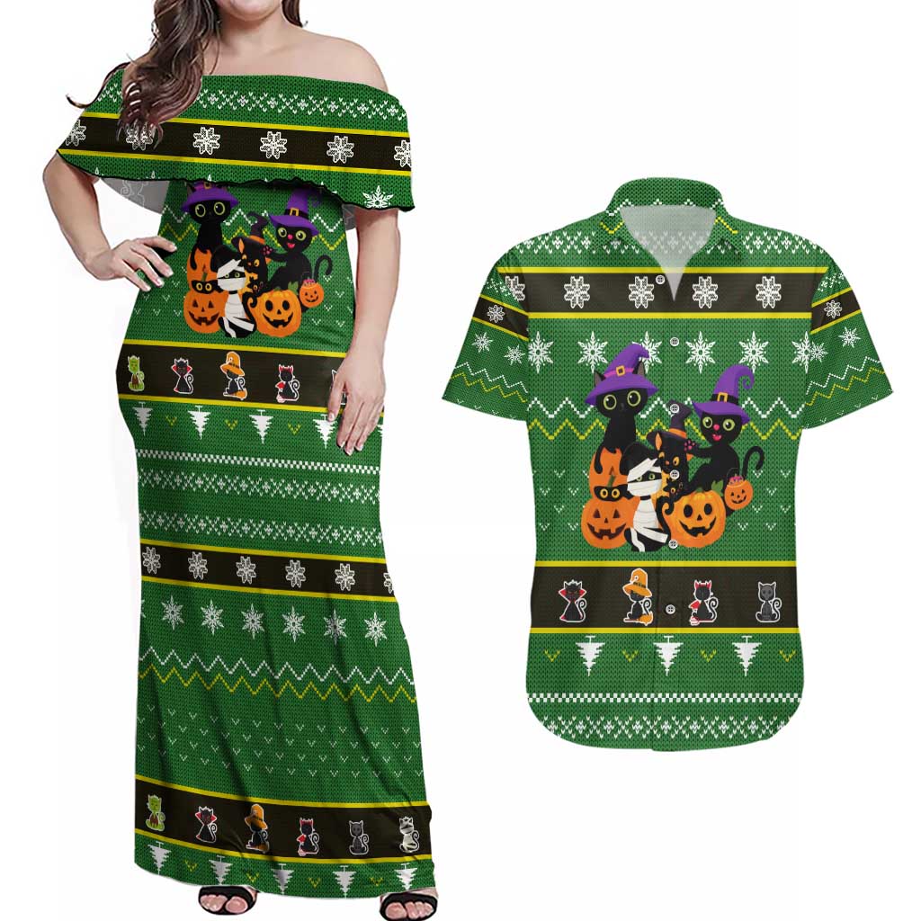 Cat Cute Witcher Noel Christmas Couples Matching Off Shoulder Maxi Dress and Hawaiian Shirt Xmas Holiday Patterns - Wonder Print Shop