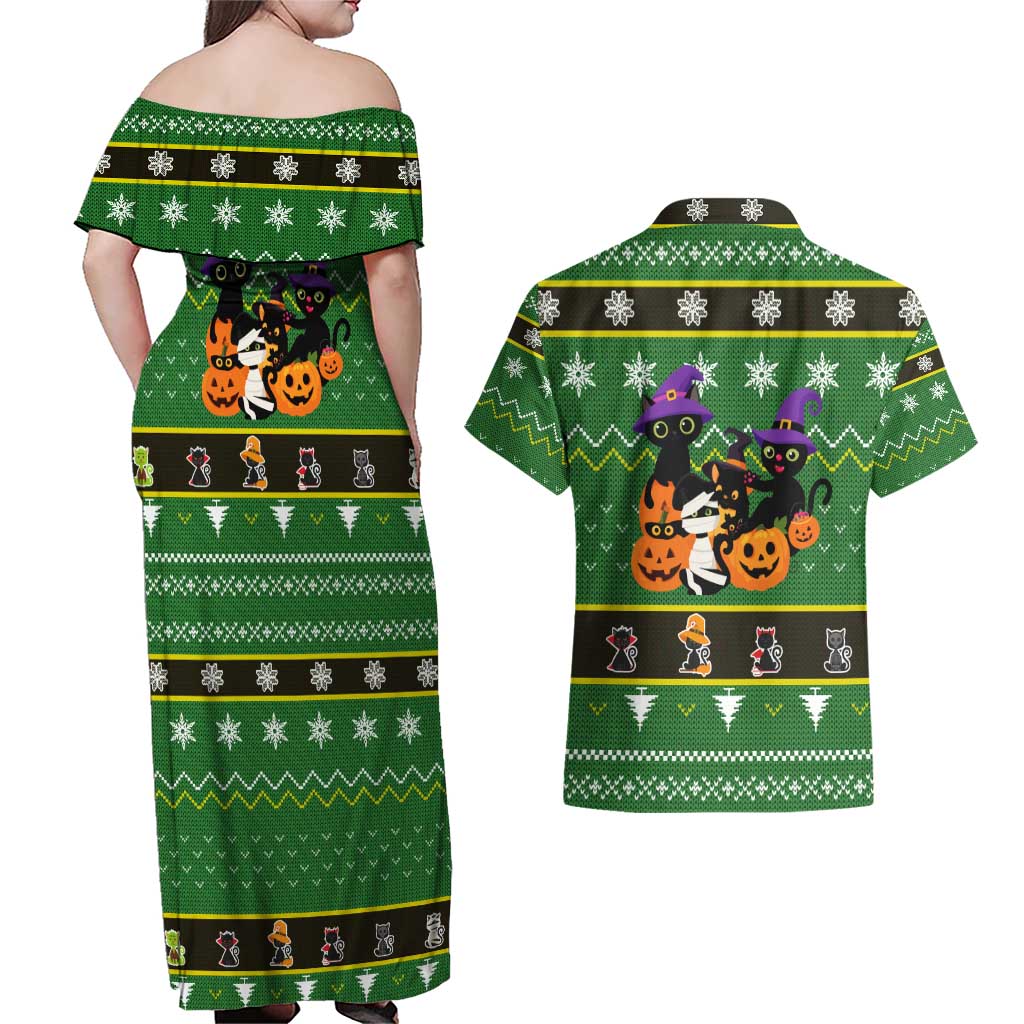 Cat Cute Witcher Noel Christmas Couples Matching Off Shoulder Maxi Dress and Hawaiian Shirt Xmas Holiday Patterns - Wonder Print Shop