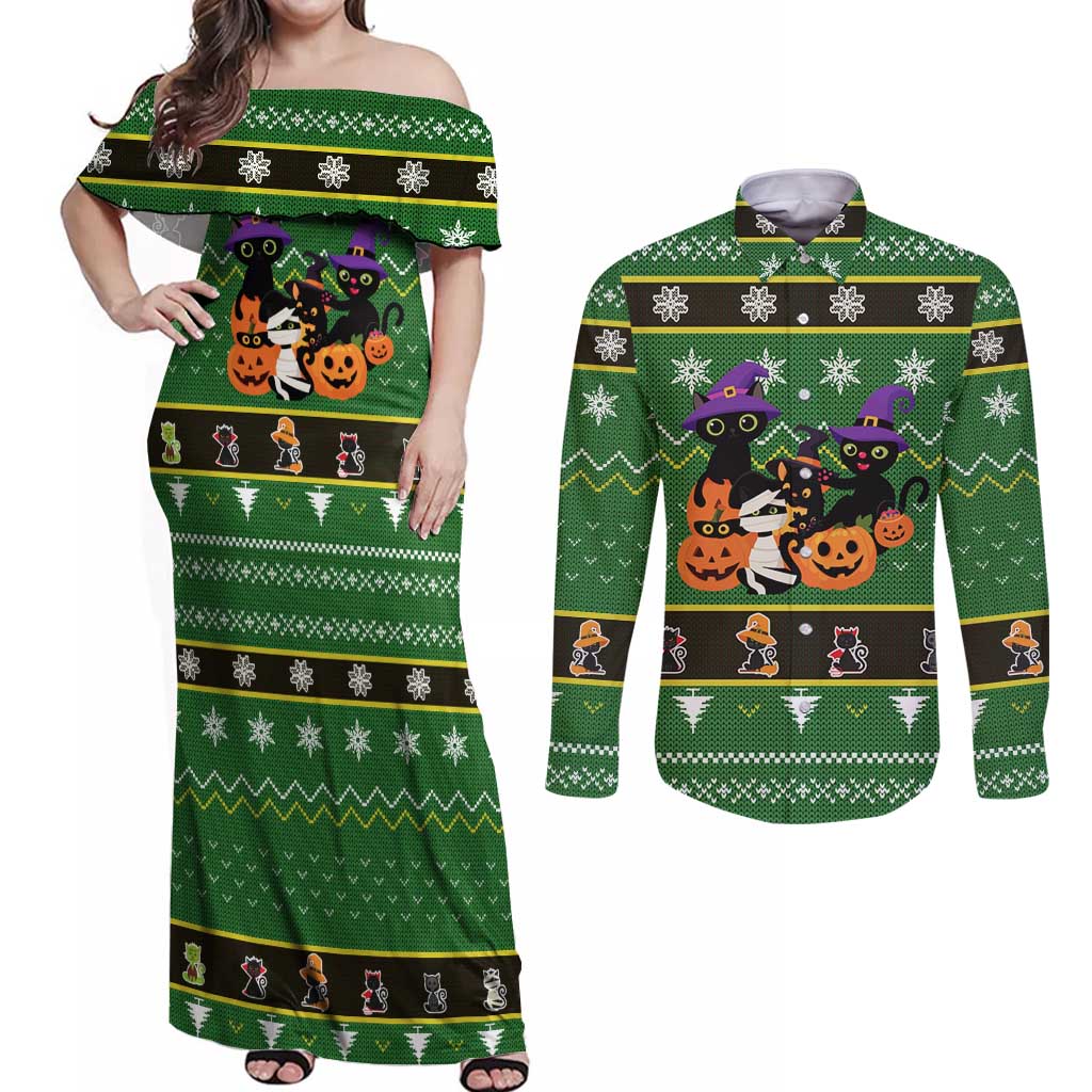 Cat Cute Witcher Noel Christmas Couples Matching Off Shoulder Maxi Dress and Long Sleeve Button Shirt Xmas Holiday Patterns - Wonder Print Shop
