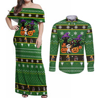 Cat Cute Witcher Noel Christmas Couples Matching Off Shoulder Maxi Dress and Long Sleeve Button Shirt Xmas Holiday Patterns - Wonder Print Shop