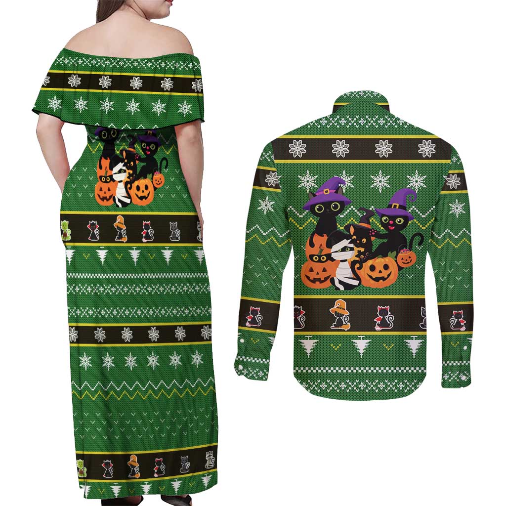 Cat Cute Witcher Noel Christmas Couples Matching Off Shoulder Maxi Dress and Long Sleeve Button Shirt Xmas Holiday Patterns - Wonder Print Shop