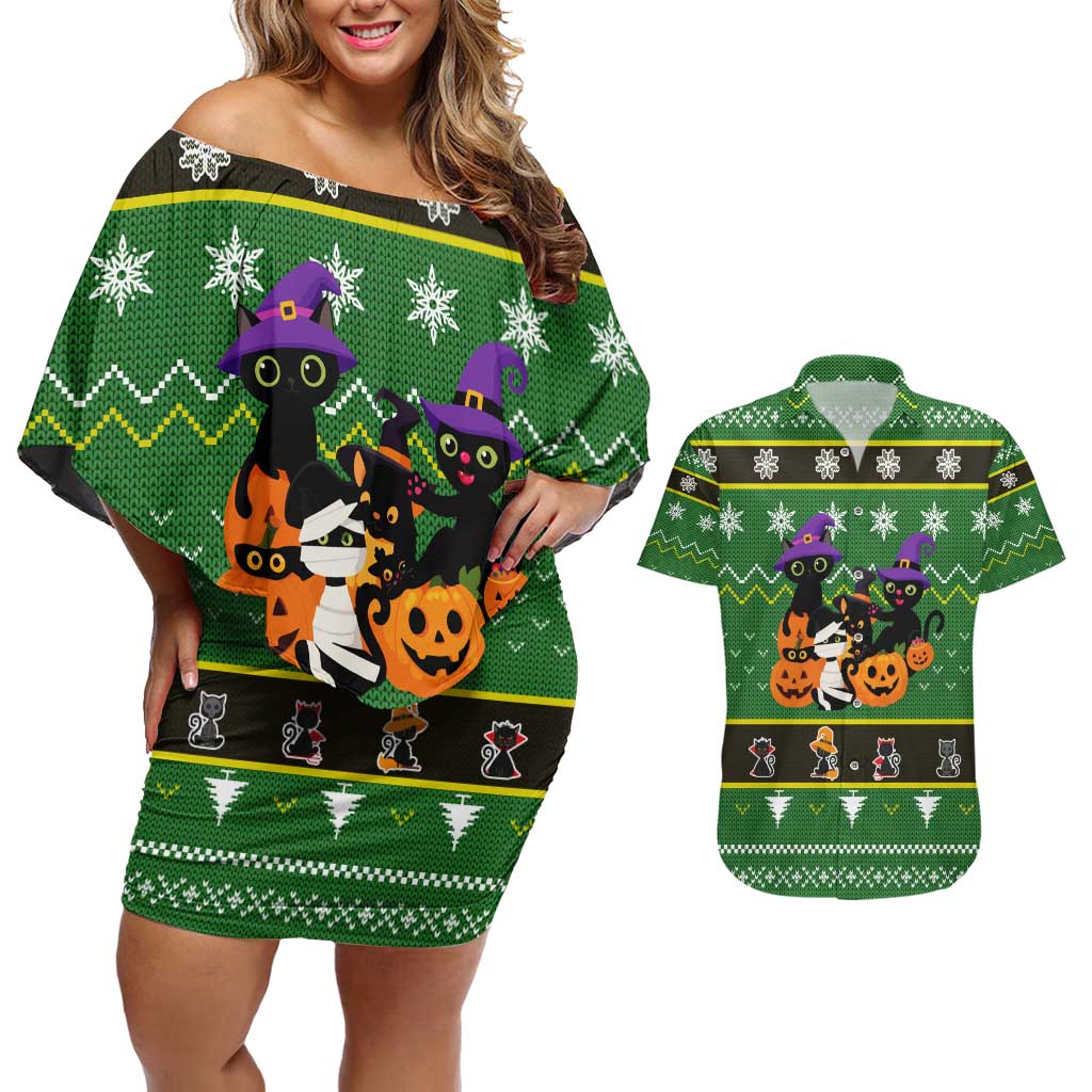 Cat Cute Witcher Noel Christmas Couples Matching Off Shoulder Short Dress and Hawaiian Shirt Xmas Holiday Patterns - Wonder Print Shop