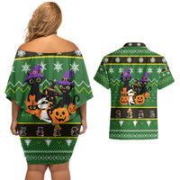 Cat Cute Witcher Noel Christmas Couples Matching Off Shoulder Short Dress and Hawaiian Shirt Xmas Holiday Patterns - Wonder Print Shop