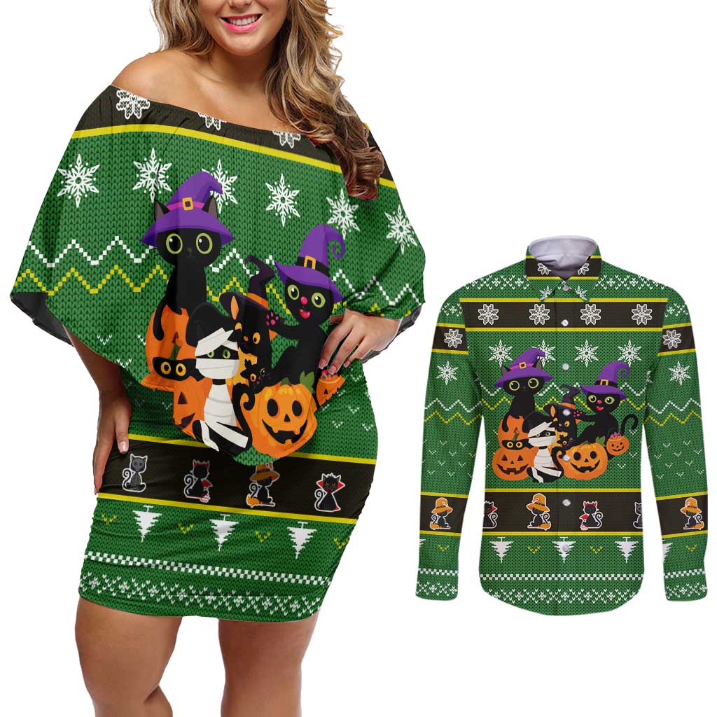 Cat Cute Witcher Noel Christmas Couples Matching Off Shoulder Short Dress and Long Sleeve Button Shirt Xmas Holiday Patterns - Wonder Print Shop