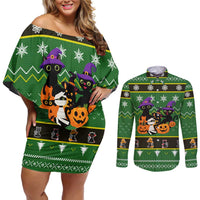 Cat Cute Witcher Noel Christmas Couples Matching Off Shoulder Short Dress and Long Sleeve Button Shirt Xmas Holiday Patterns - Wonder Print Shop
