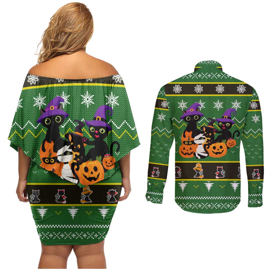 Cat Cute Witcher Noel Christmas Couples Matching Off Shoulder Short Dress and Long Sleeve Button Shirt Xmas Holiday Patterns - Wonder Print Shop